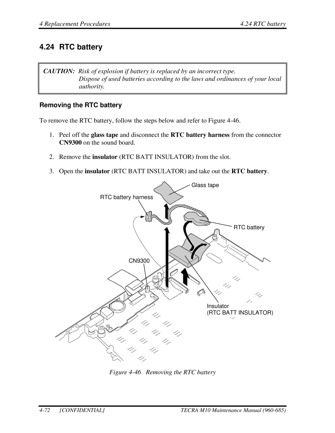 Toshiba TECRA, M10 manual Replacement Procedures RTC battery, Removing the RTC battery 