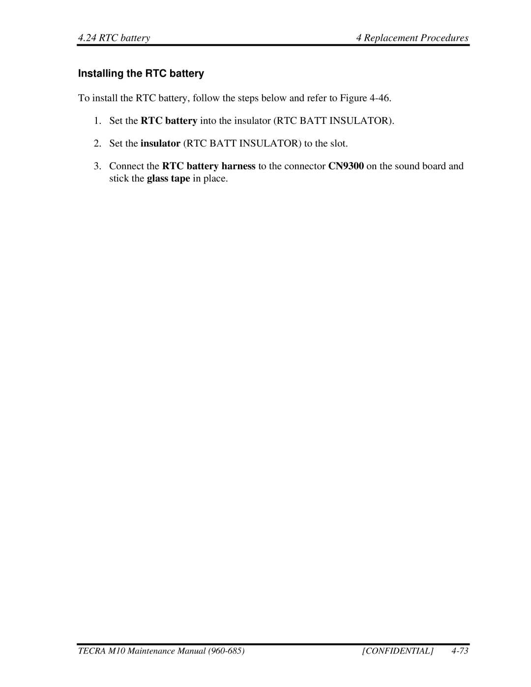 Toshiba M10, TECRA manual RTC battery Replacement Procedures, Installing the RTC battery 