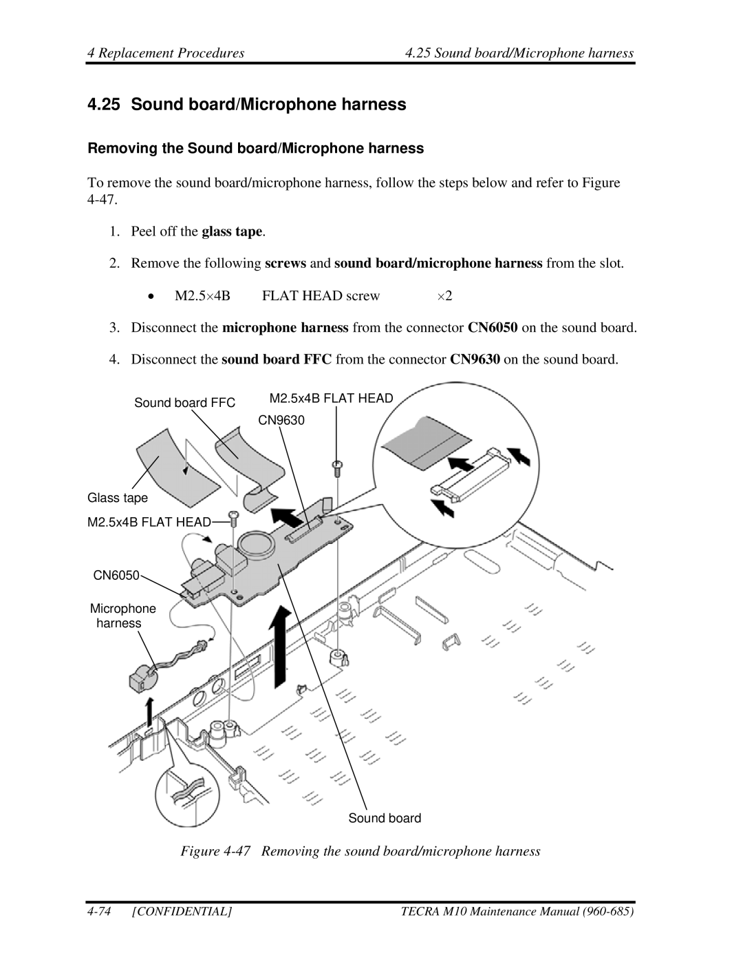 Toshiba TECRA, M10 Replacement Procedures Sound board/Microphone harness, Removing the Sound board/Microphone harness 