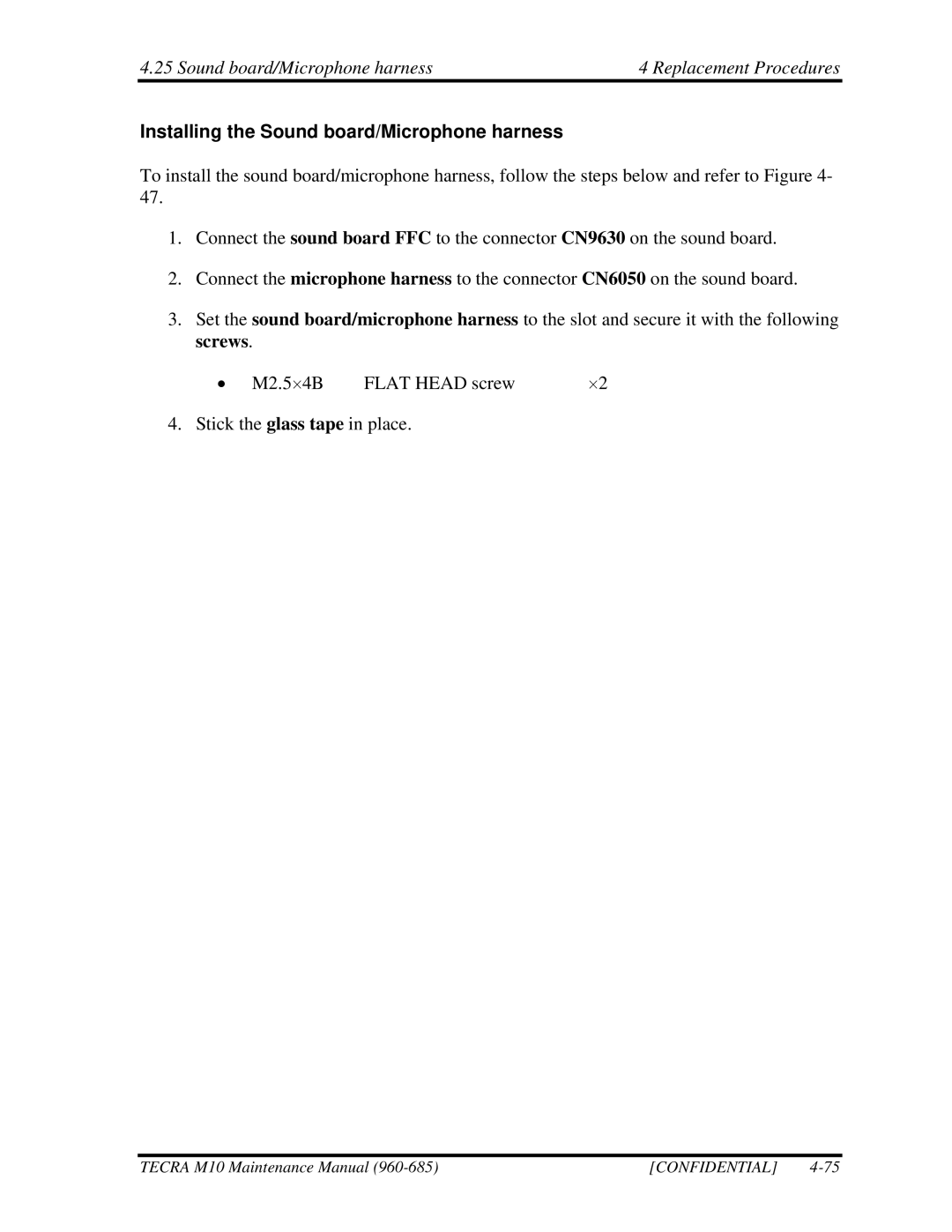 Toshiba M10, TECRA Sound board/Microphone harness Replacement Procedures, Installing the Sound board/Microphone harness 