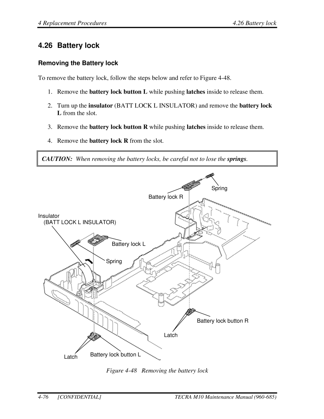 Toshiba TECRA, M10 manual Replacement Procedures Battery lock, Removing the Battery lock 