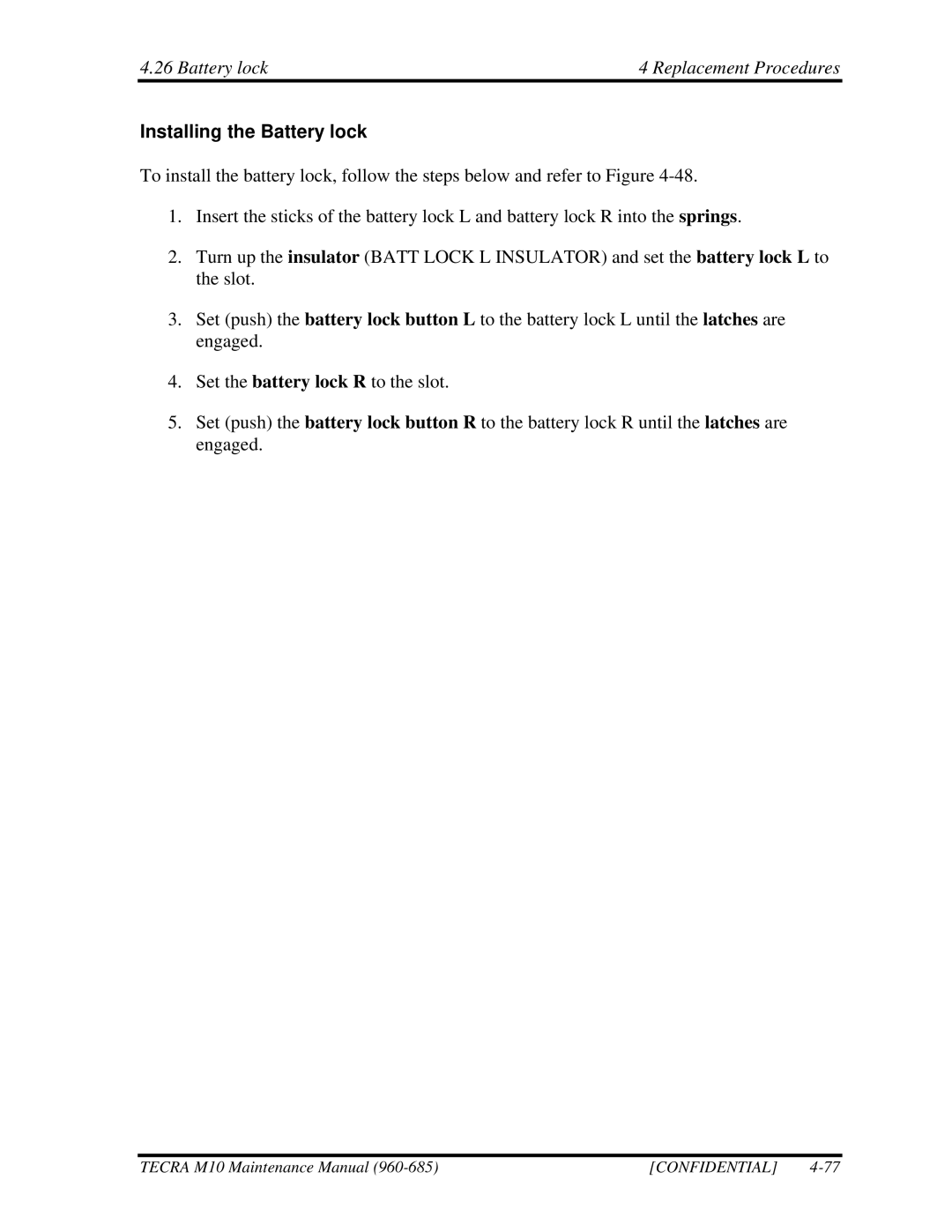 Toshiba M10, TECRA manual Battery lock Replacement Procedures, Installing the Battery lock 