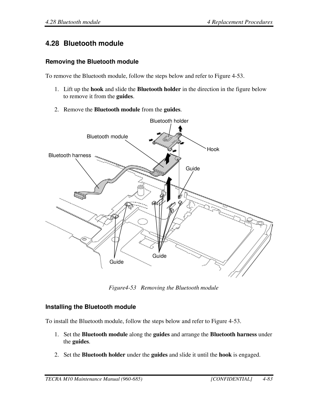 Toshiba M10 Bluetooth module Replacement Procedures, Removing the Bluetooth module, Installing the Bluetooth module 