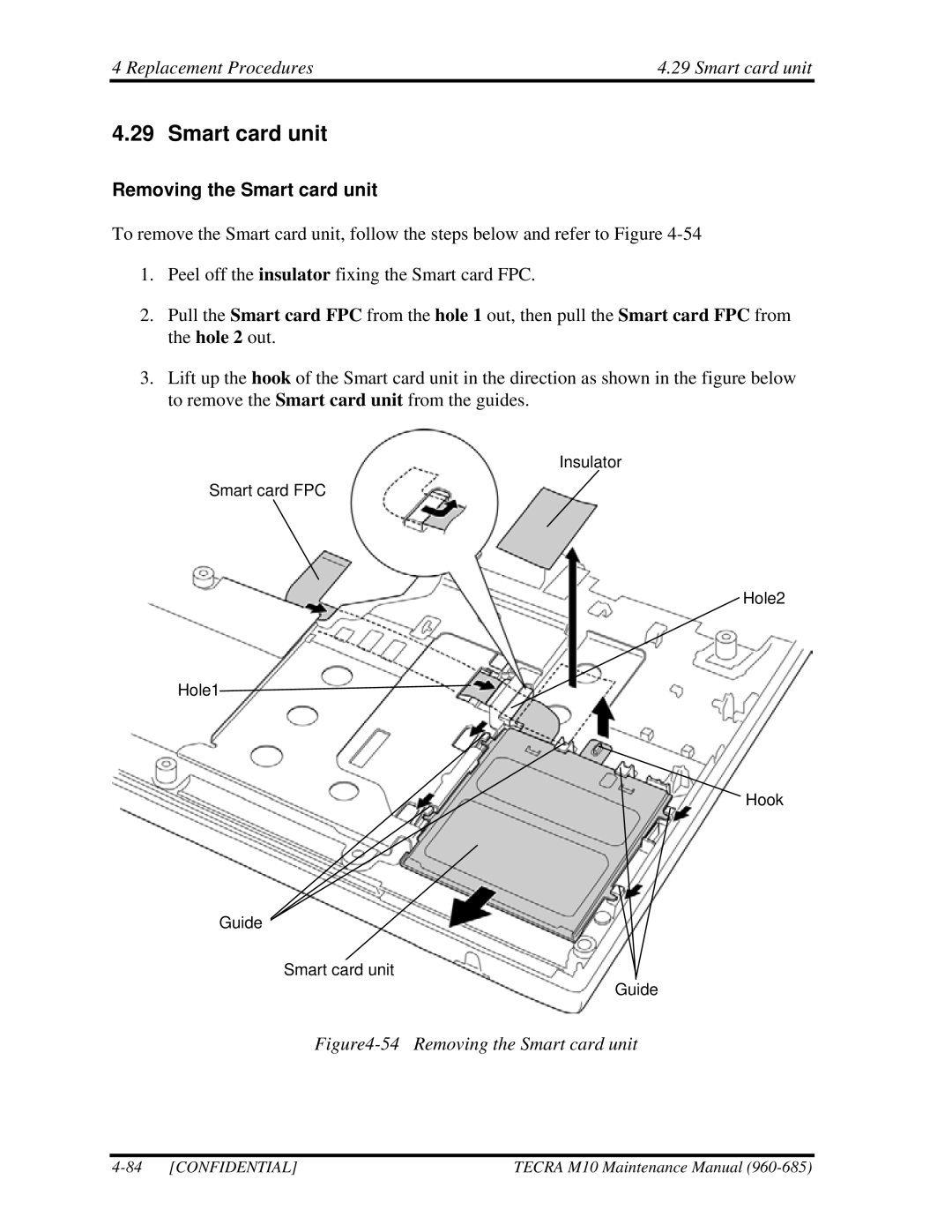 Toshiba TECRA, M10 manual Replacement Procedures Smart card unit, Removing the Smart card unit 