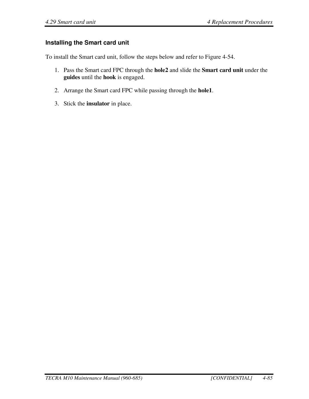 Toshiba M10, TECRA manual Smart card unit Replacement Procedures, Installing the Smart card unit 