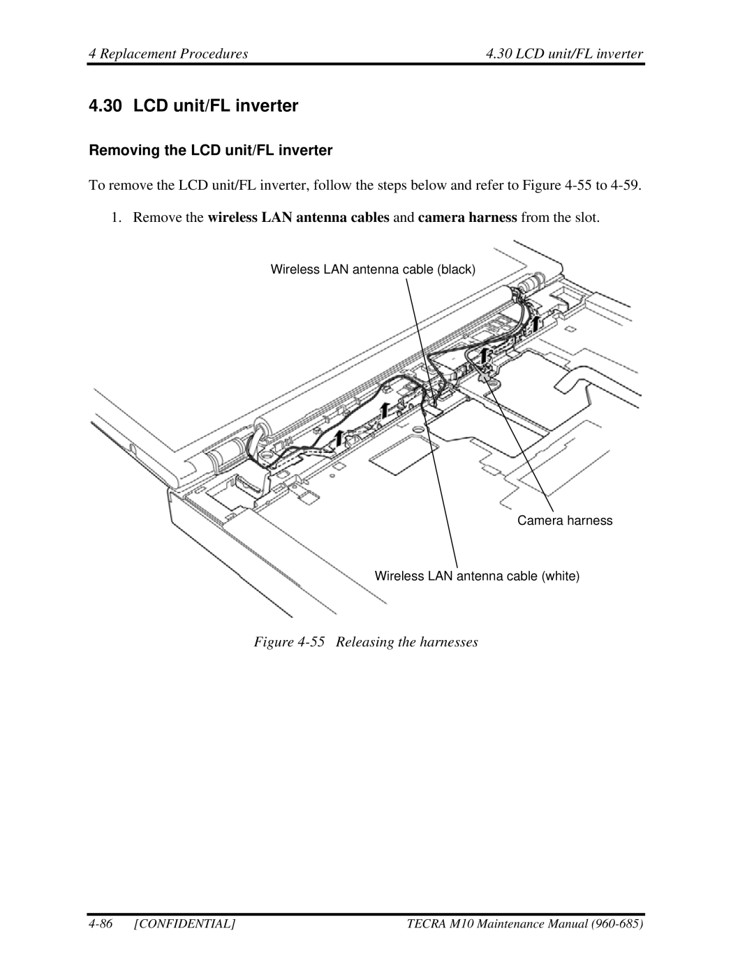 Toshiba TECRA, M10 manual Replacement Procedures LCD unit/FL inverter, Removing the LCD unit/FL inverter 
