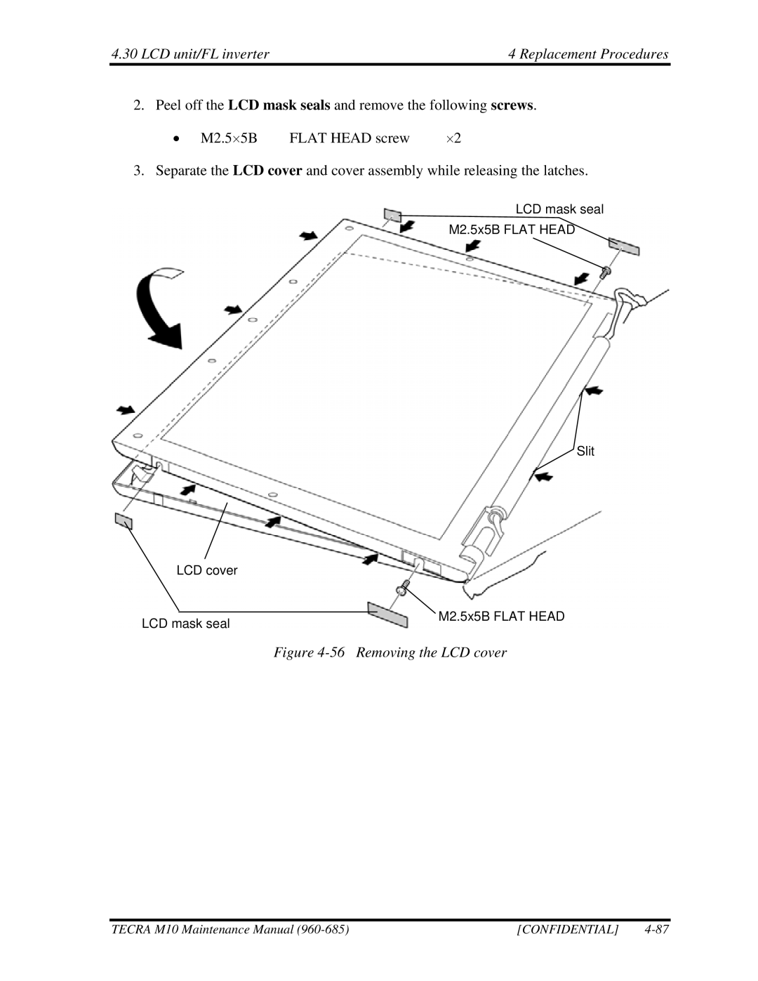 Toshiba M10, TECRA manual LCD unit/FL inverter Replacement Procedures, Removing the LCD cover 