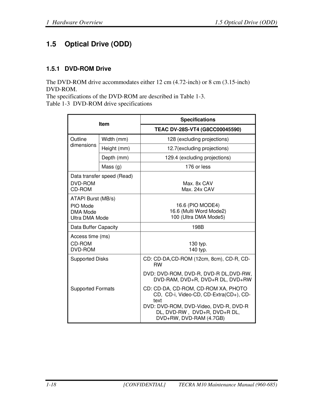 Toshiba TECRA, M10 manual Hardware Overview Optical Drive ODD, DVD-ROM Drive, Teac DV-28S-VT4 G8CC00045590 