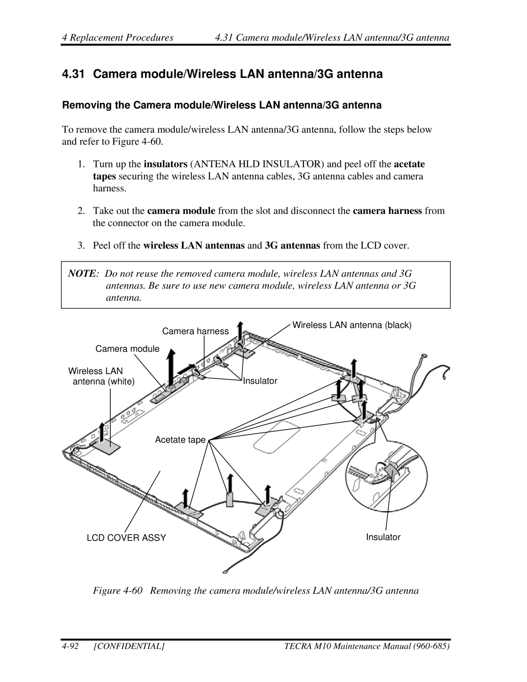 Toshiba TECRA, M10 manual Removing the Camera module/Wireless LAN antenna/3G antenna 