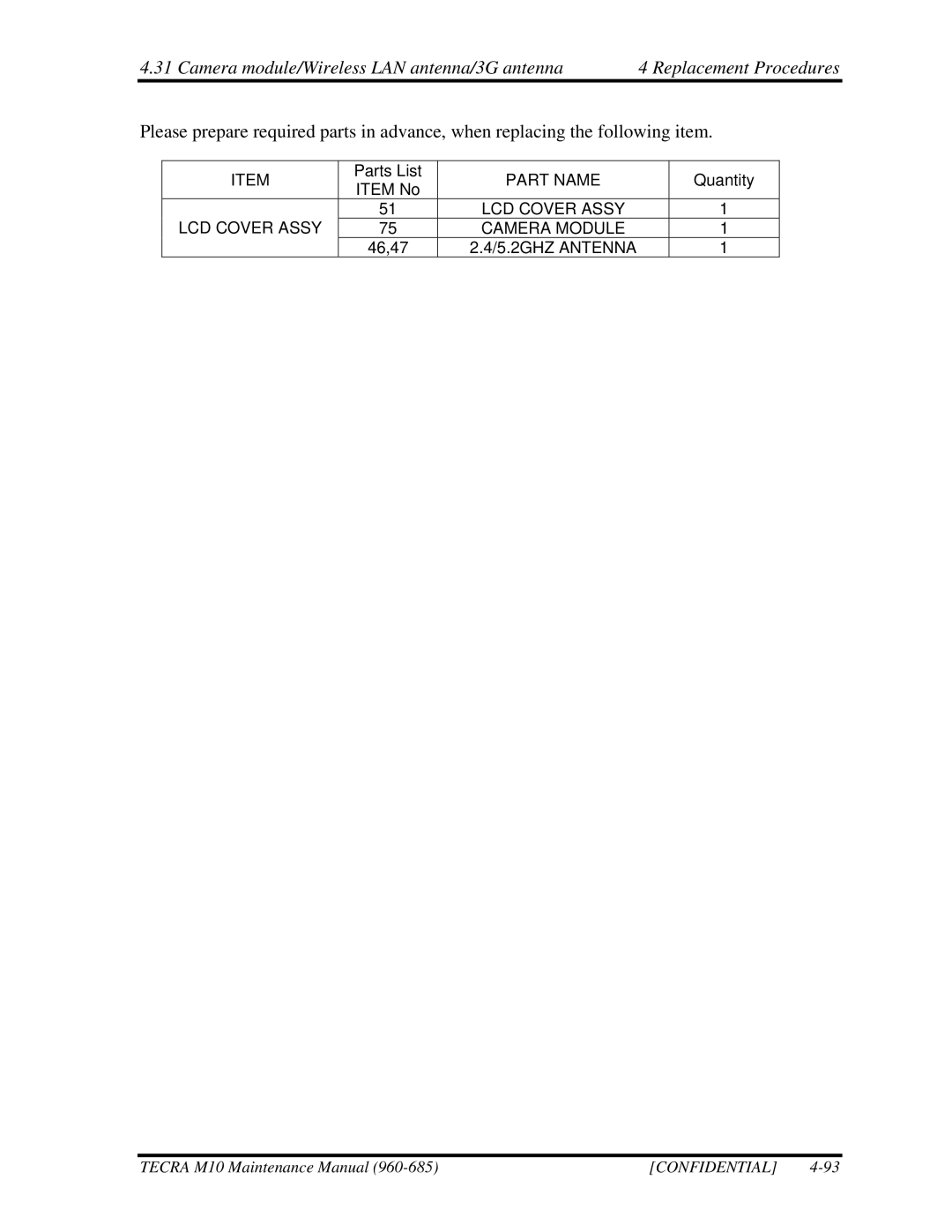 Toshiba M10, TECRA manual LCD Cover Assy Camera Module 