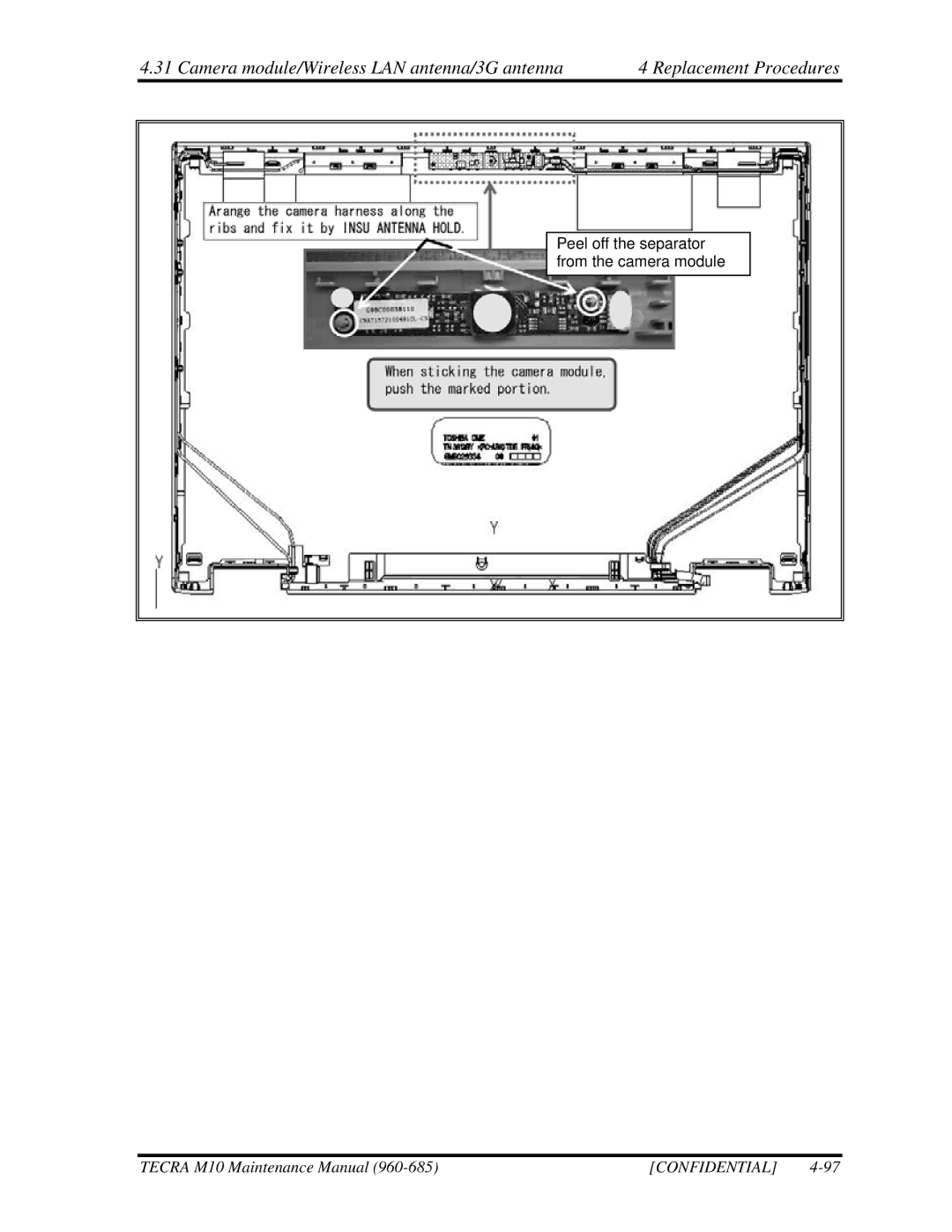 Toshiba M10, TECRA manual Peel off the separator from the camera module 