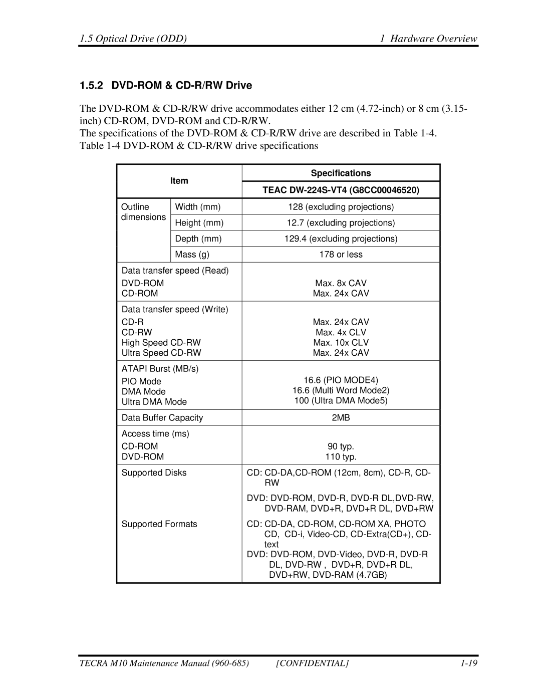 Toshiba M10, TECRA manual Optical Drive ODD Hardware Overview, DVD-ROM & CD-R/RW Drive, Teac DW-224S-VT4 G8CC00046520 