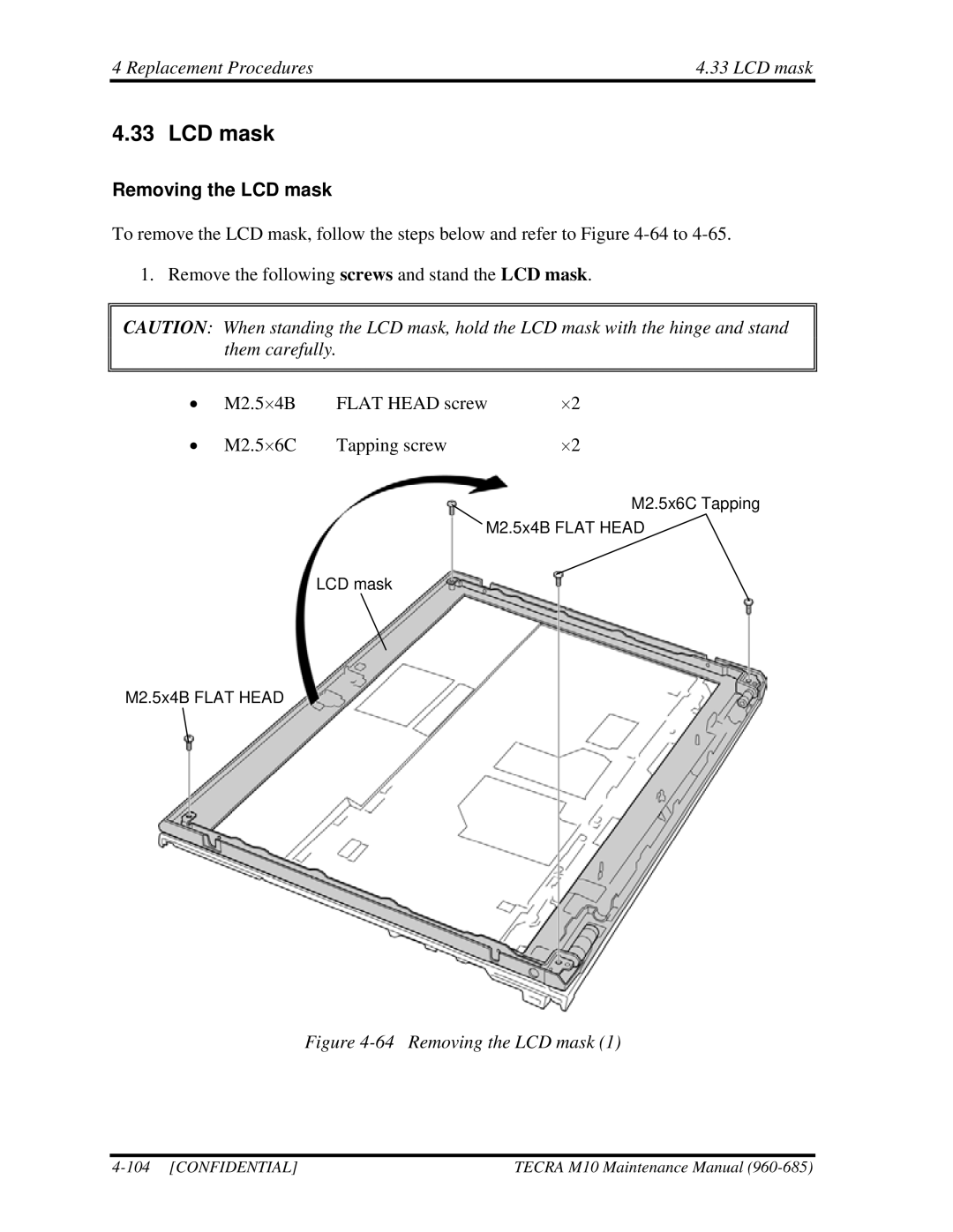 Toshiba TECRA, M10 manual Replacement Procedures LCD mask, Removing the LCD mask 