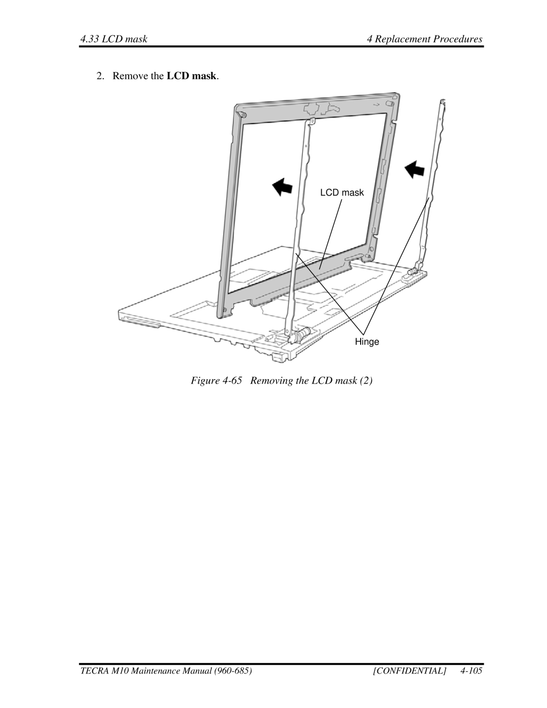 Toshiba M10, TECRA manual LCD mask Replacement Procedures, Removing the LCD mask 