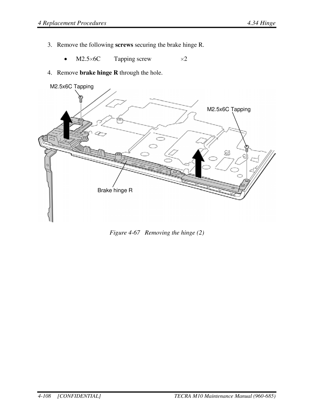 Toshiba TECRA, M10 manual Replacement Procedures Hinge, Removing the hinge 