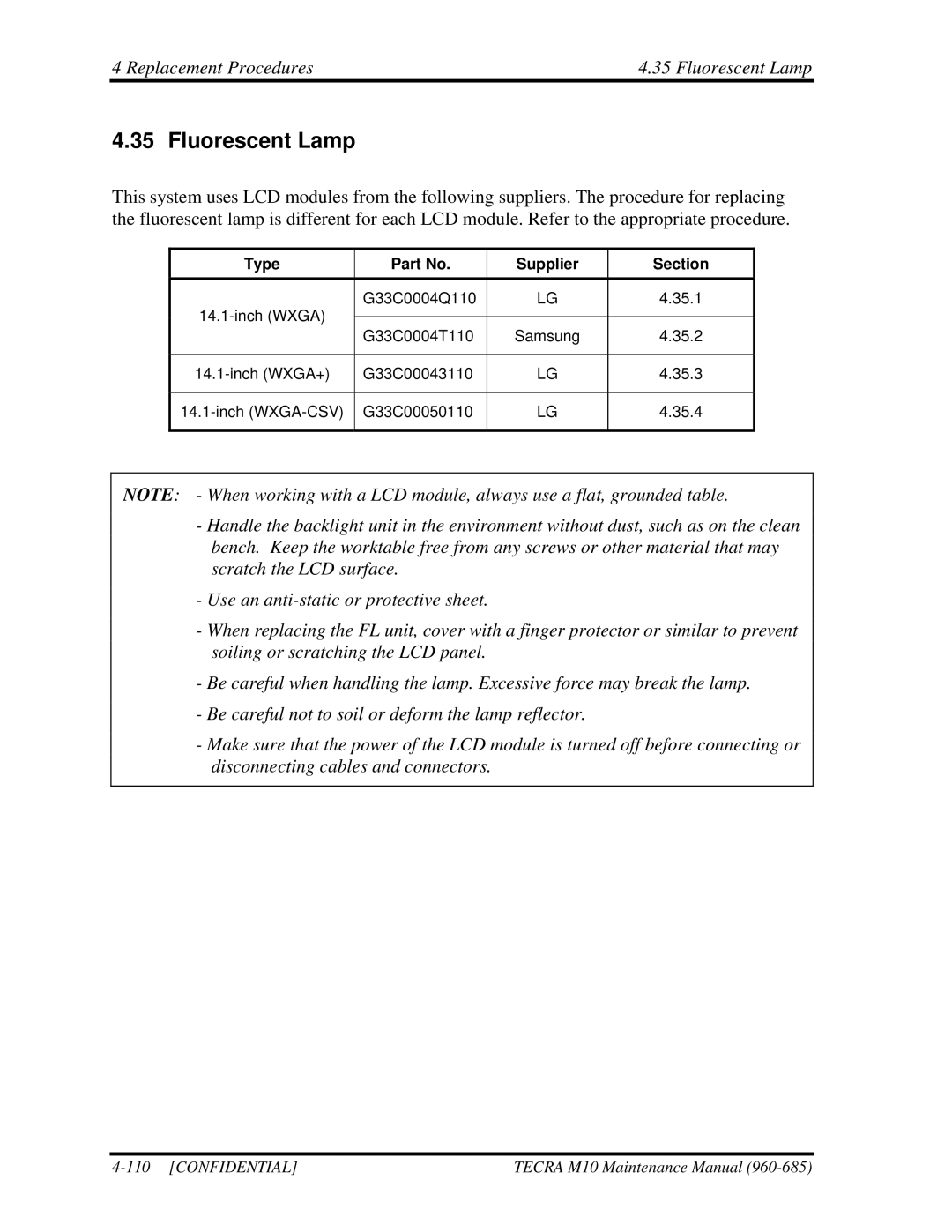 Toshiba TECRA, M10 manual Replacement Procedures Fluorescent Lamp, Type Supplier Section 