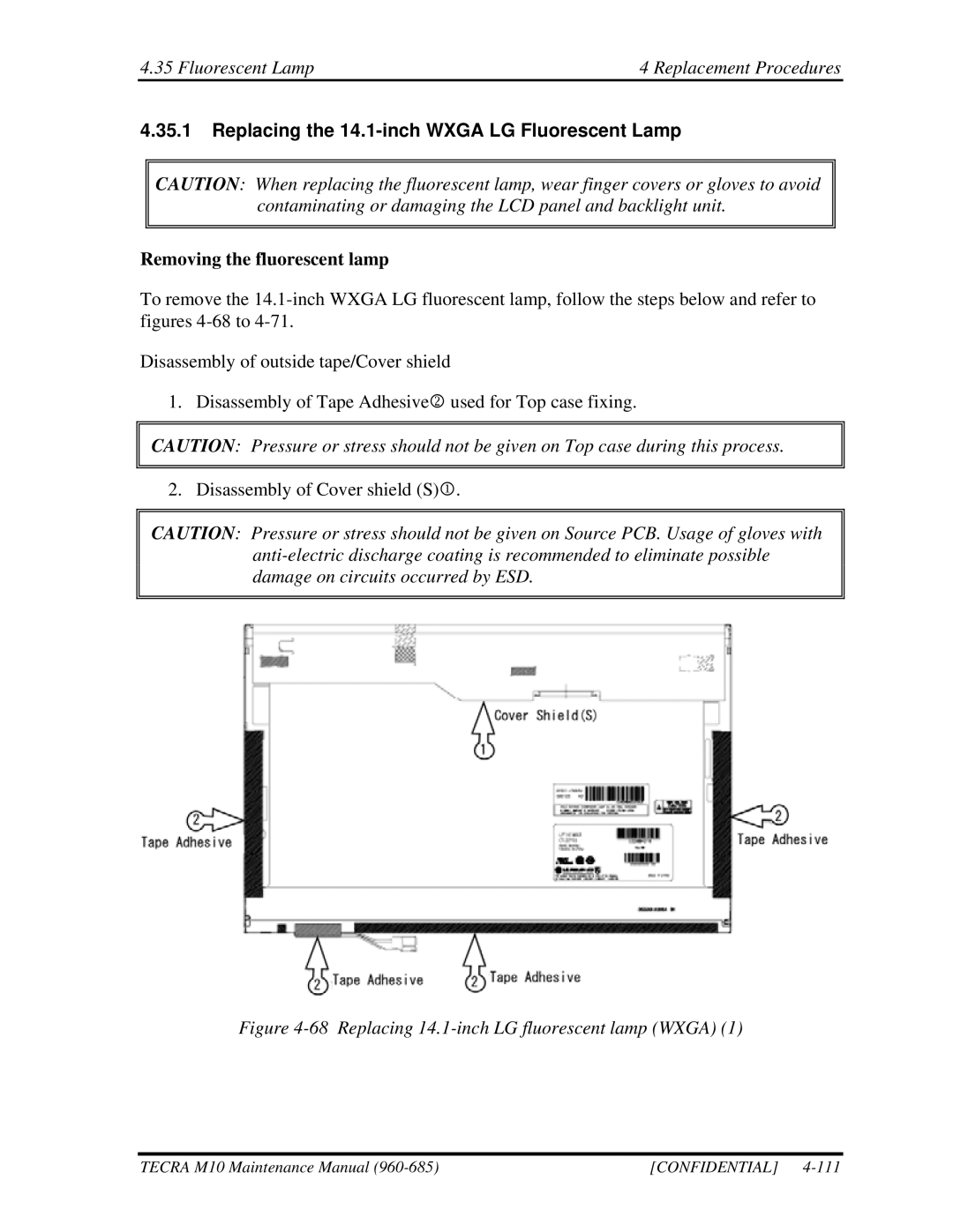 Toshiba M10, TECRA manual Fluorescent Lamp Replacement Procedures, Replacing the 14.1-inch Wxga LG Fluorescent Lamp 