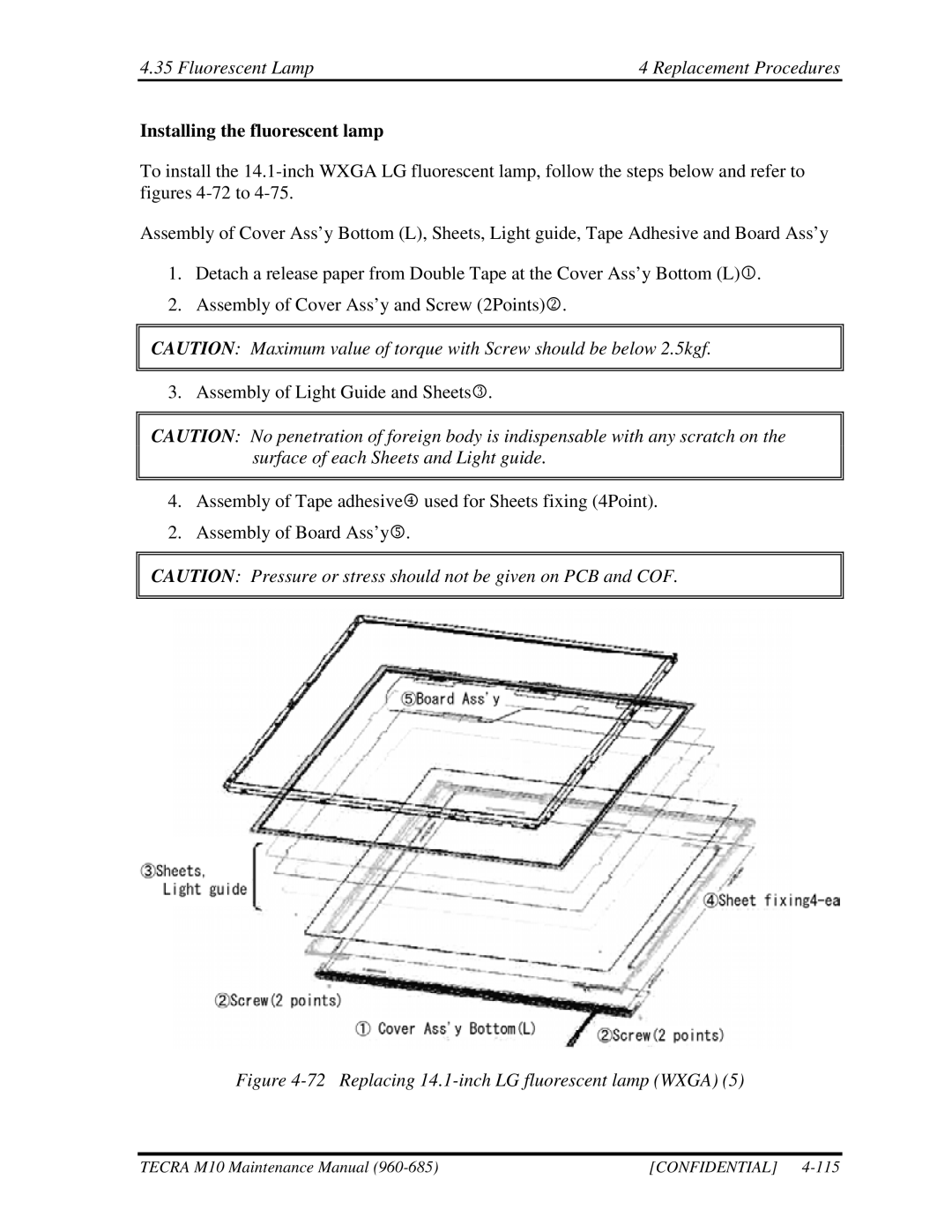 Toshiba M10, TECRA manual Installing the fluorescent lamp 