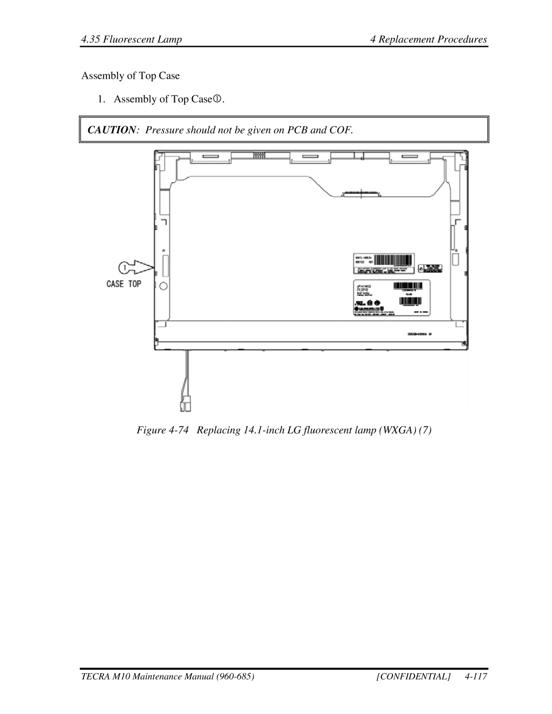 Toshiba M10, TECRA manual Replacing 14.1-inch LG fluorescent lamp Wxga 