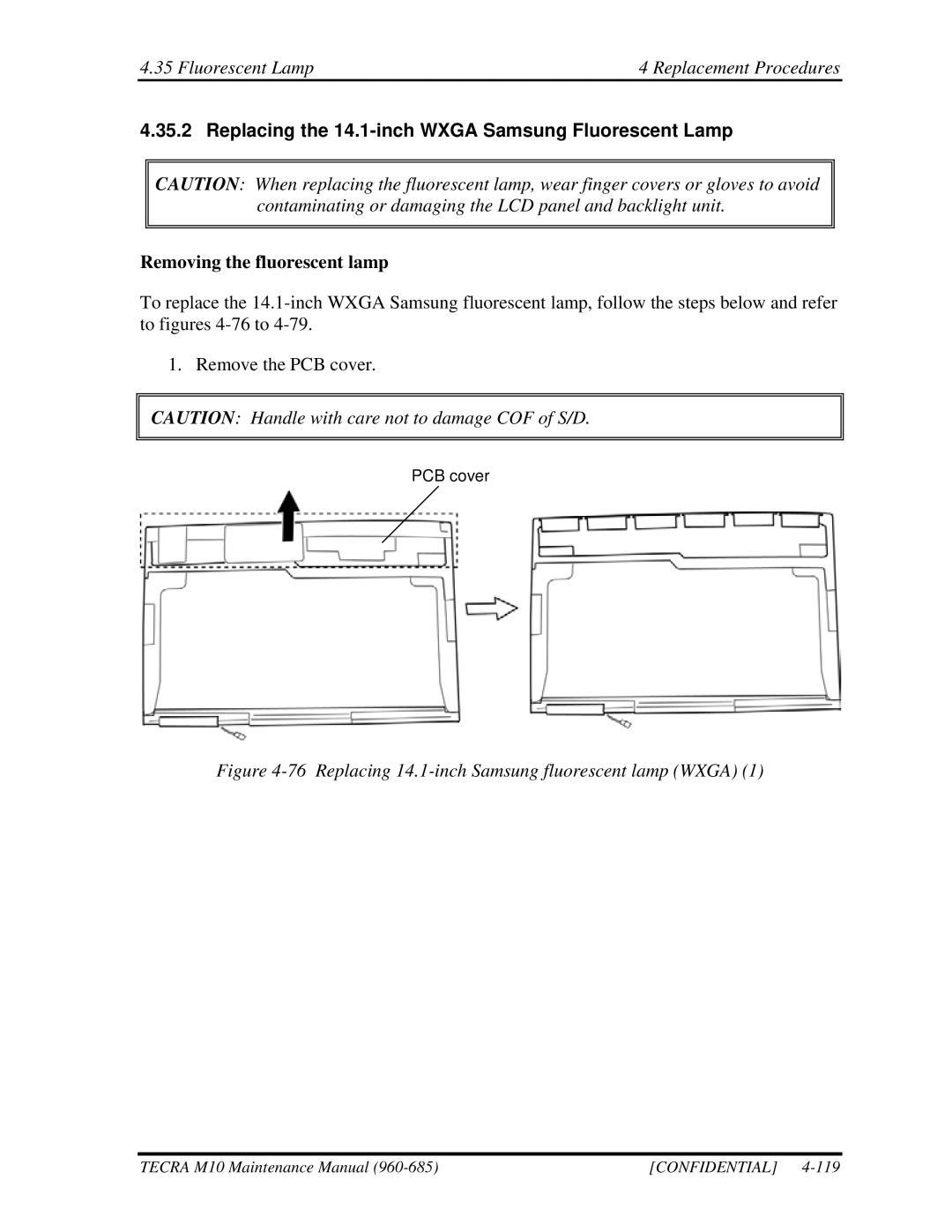 Toshiba M10 manual Replacing the 14.1-inch Wxga Samsung Fluorescent Lamp, Replacing 14.1-inch Samsung fluorescent lamp Wxga 