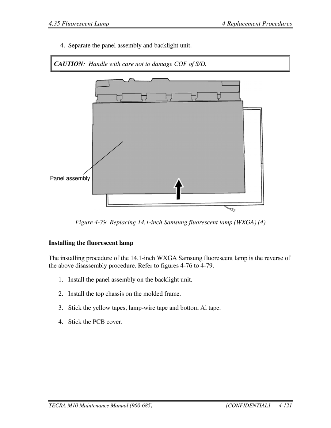 Toshiba M10, TECRA manual Replacing 14.1-inch Samsung fluorescent lamp Wxga 