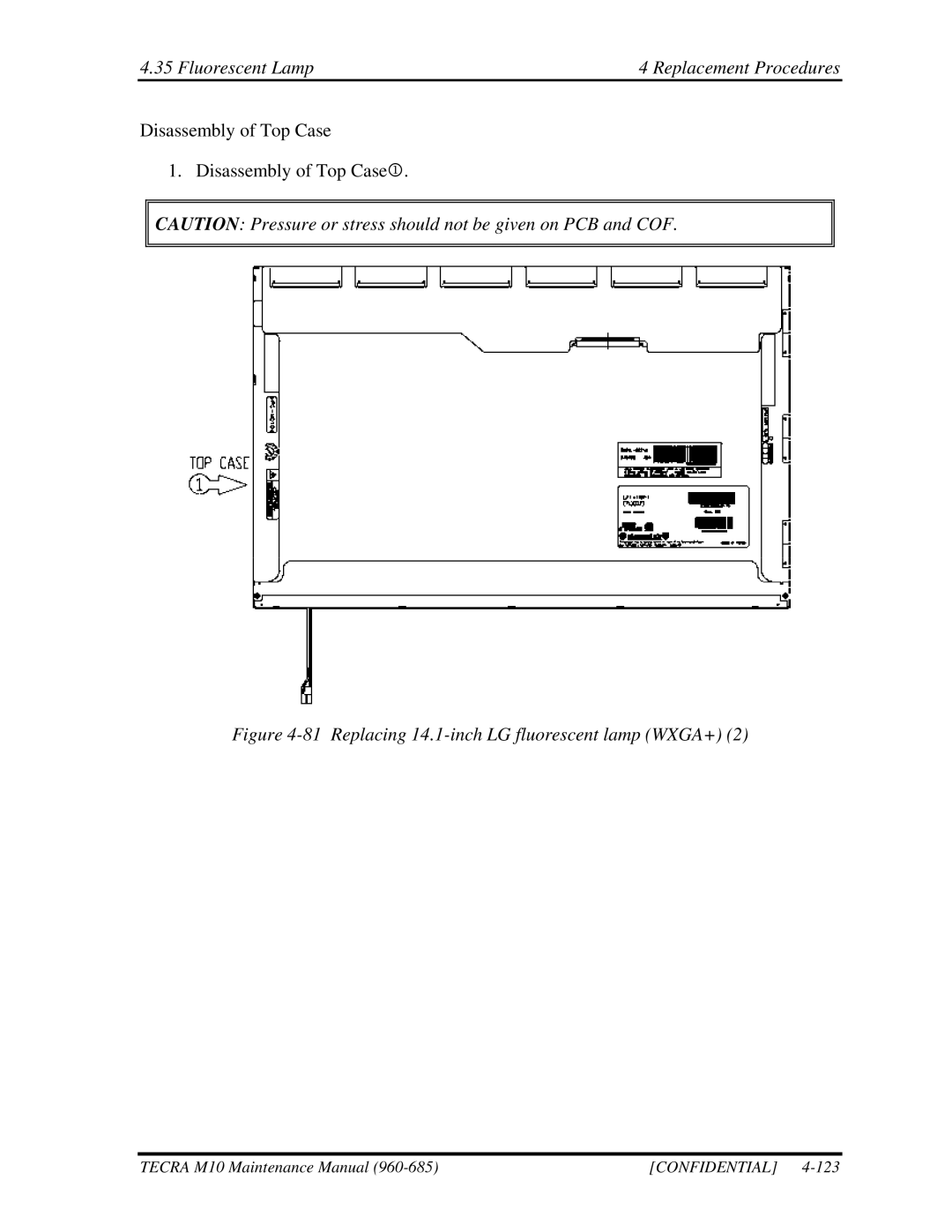 Toshiba M10, TECRA manual Fluorescent Lamp4 Replacement Procedures, Replacing 14.1-inch LG fluorescent lamp WXGA+ 