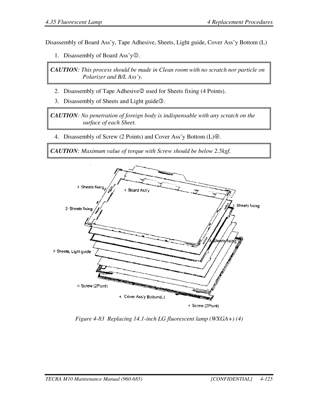 Toshiba M10, TECRA manual Replacing 14.1-inch LG fluorescent lamp WXGA+ 