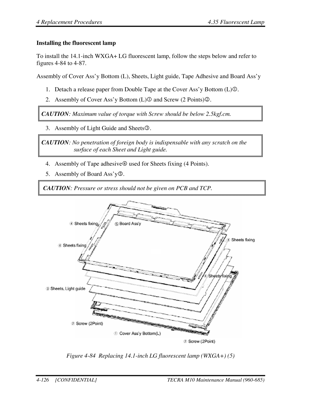 Toshiba TECRA, M10 manual Replacing 14.1-inch LG fluorescent lamp WXGA+ 