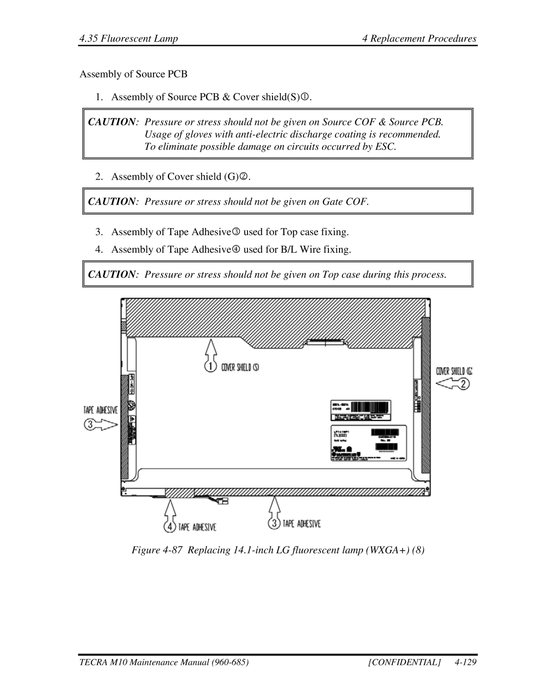 Toshiba M10, TECRA manual Replacing 14.1-inch LG fluorescent lamp WXGA+ 