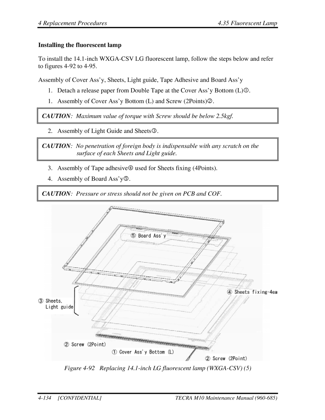 Toshiba TECRA, M10 manual Replacing 14.1-inch LG fluorescent lamp WXGA-CSV 