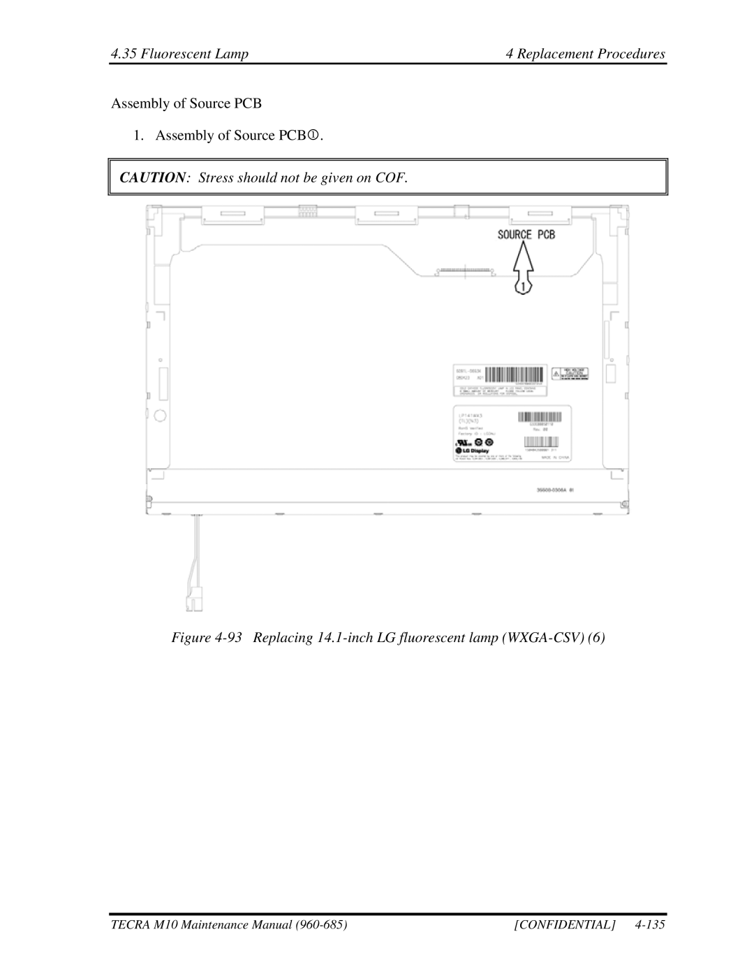 Toshiba M10, TECRA manual Replacing 14.1-inch LG fluorescent lamp WXGA-CSV 