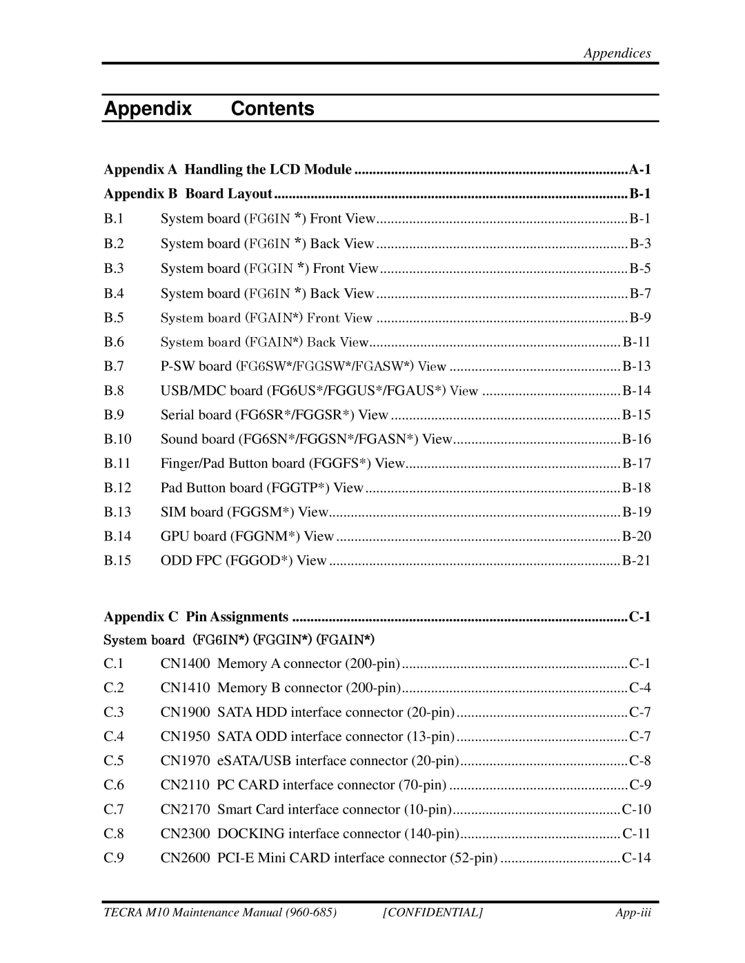 Toshiba M10, TECRA manual Appendix Contents 