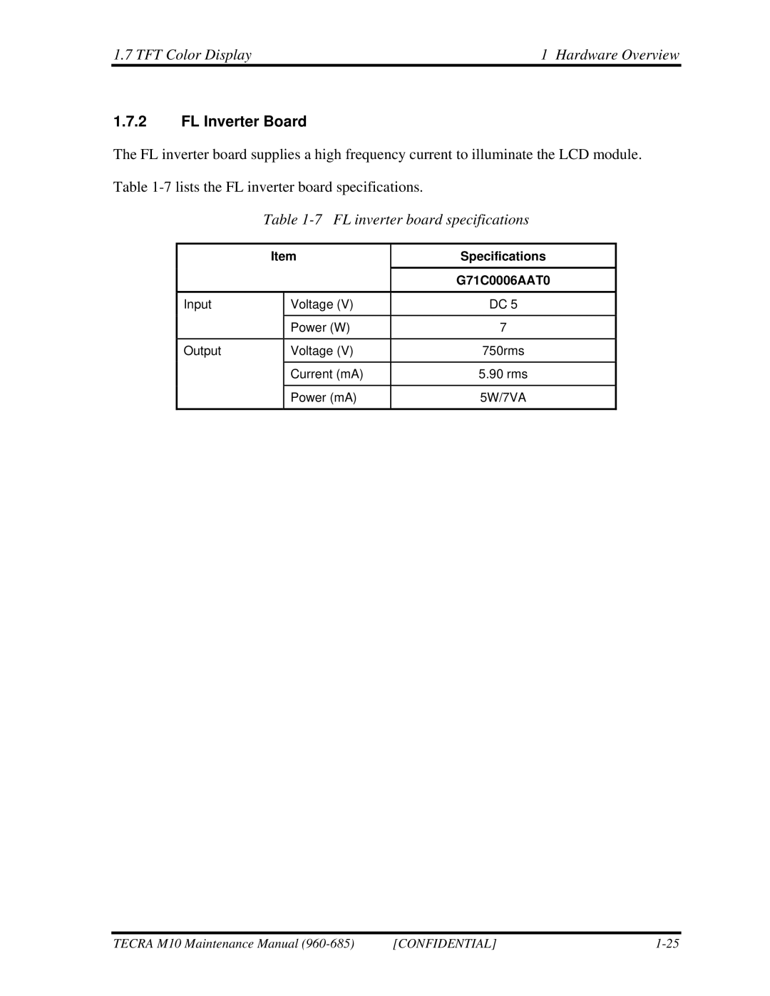 Toshiba M10, TECRA manual FL Inverter Board, FL inverter board specifications, G71C0006AAT0 