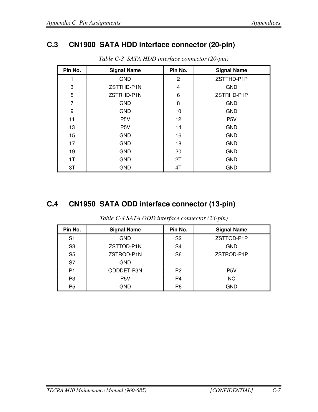 Toshiba M10, TECRA manual CN1900 Sata HDD interface connector 20-pin, CN1950 Sata ODD interface connector 13-pin 