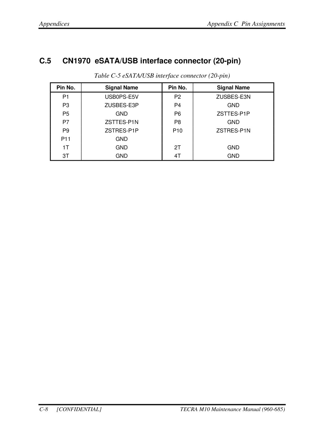 Toshiba TECRA, M10 manual CN1970 eSATA/USB interface connector 20-pin, Table C-5 eSATA/USB interface connector 20-pin 