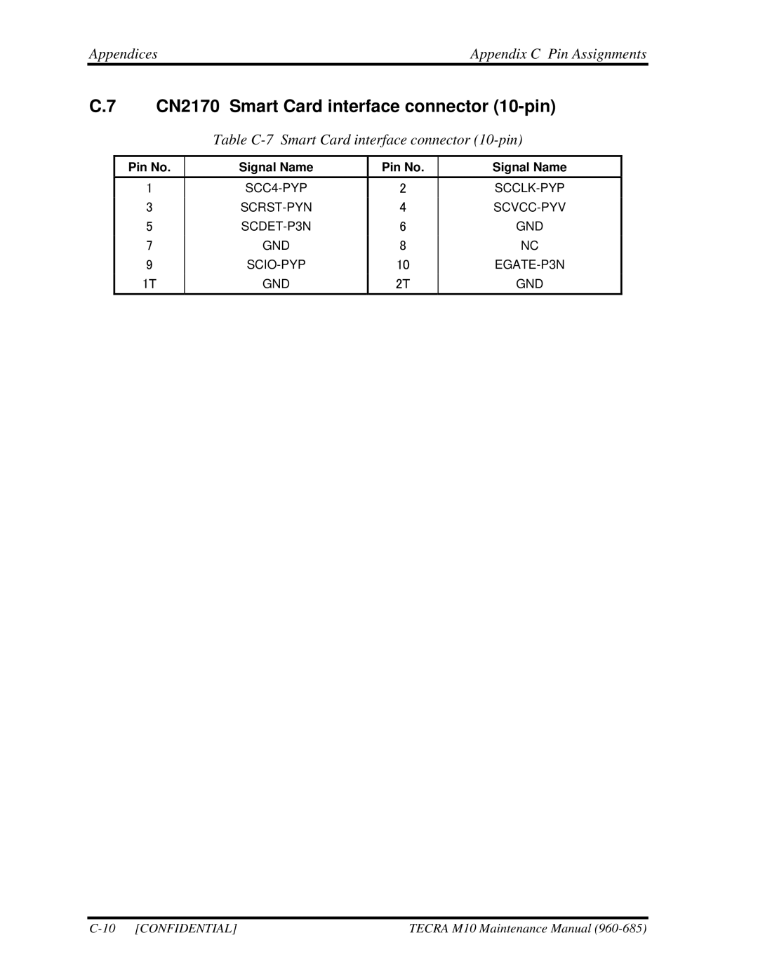 Toshiba TECRA, M10 manual CN2170 Smart Card interface connector 10-pin, Table C-7 Smart Card interface connector 10-pin 