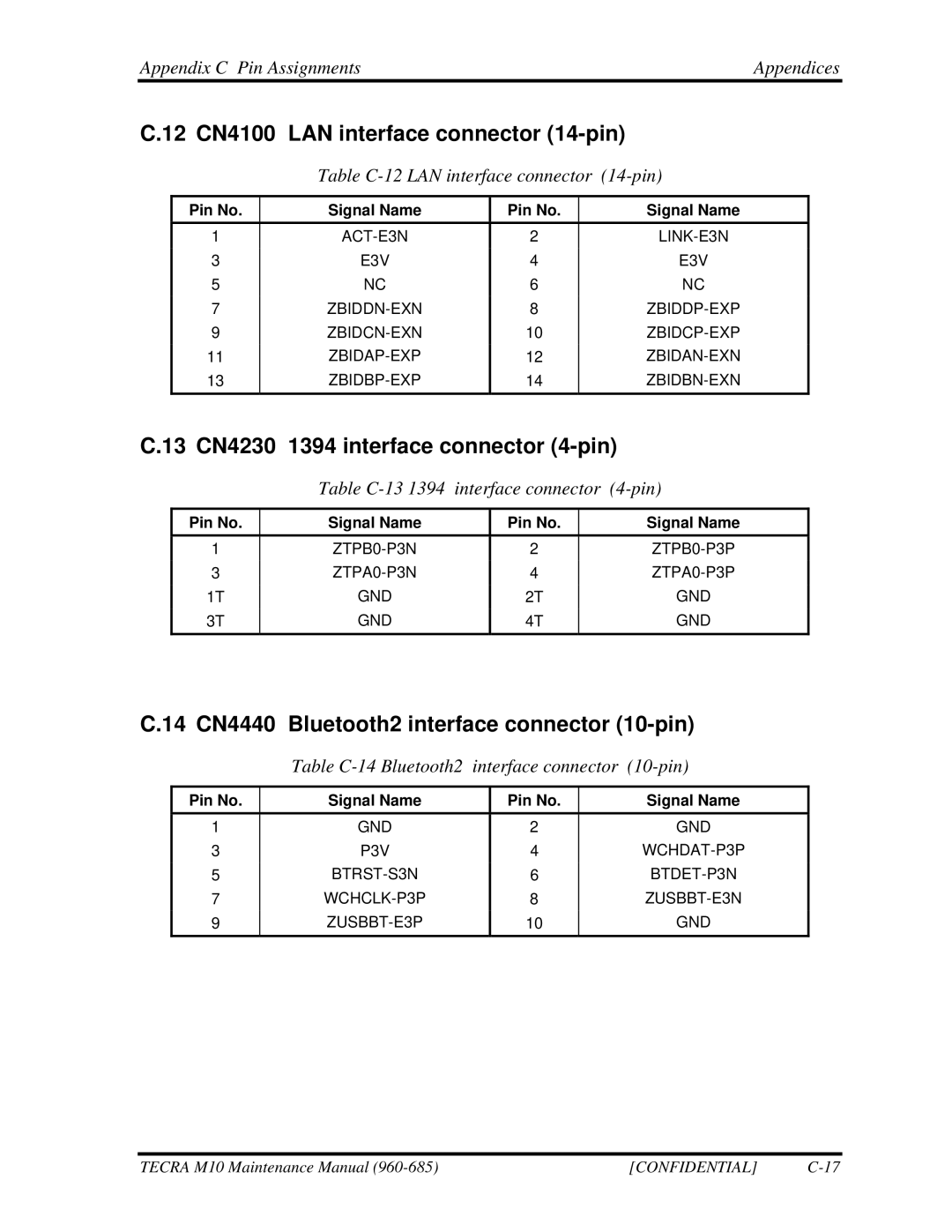 Toshiba M10, TECRA manual 12 CN4100 LAN interface connector 14-pin, 13 CN4230 1394 interface connector 4-pin 