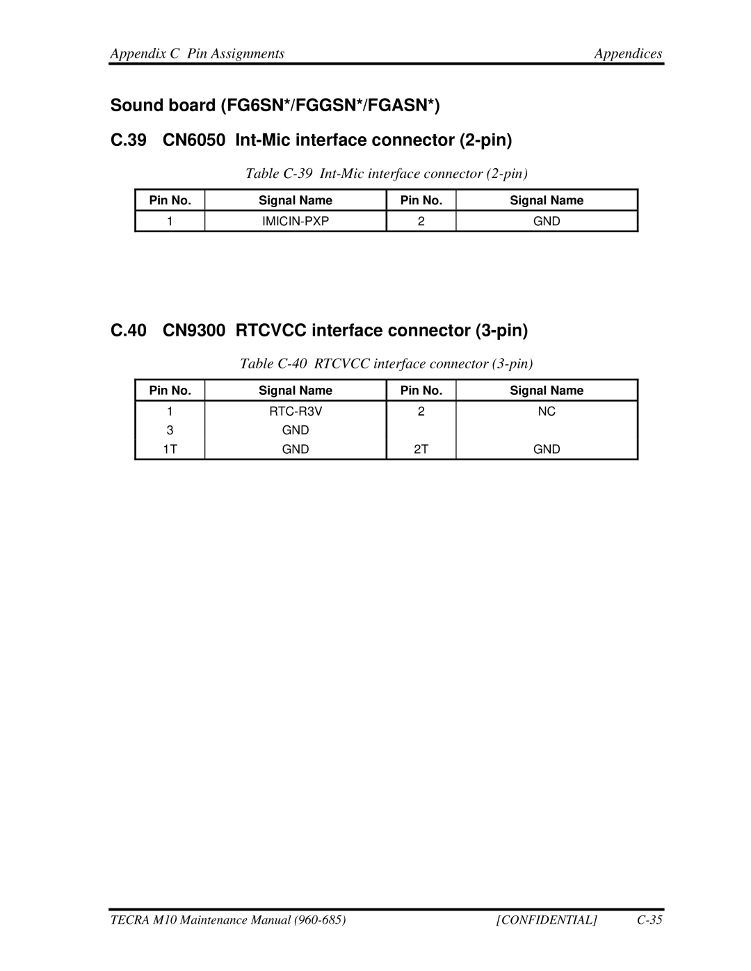 Toshiba M10, TECRA manual 40 CN9300 Rtcvcc interface connector 3-pin, Table C-39 Int-Mic interface connector 2-pin 