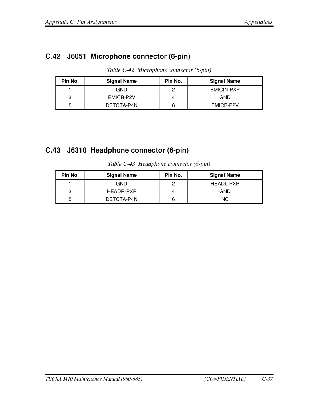 Toshiba M10 42 J6051 Microphone connector 6-pin, 43 J6310 Headphone connector 6-pin, Table C-42 Microphone connector 6-pin 