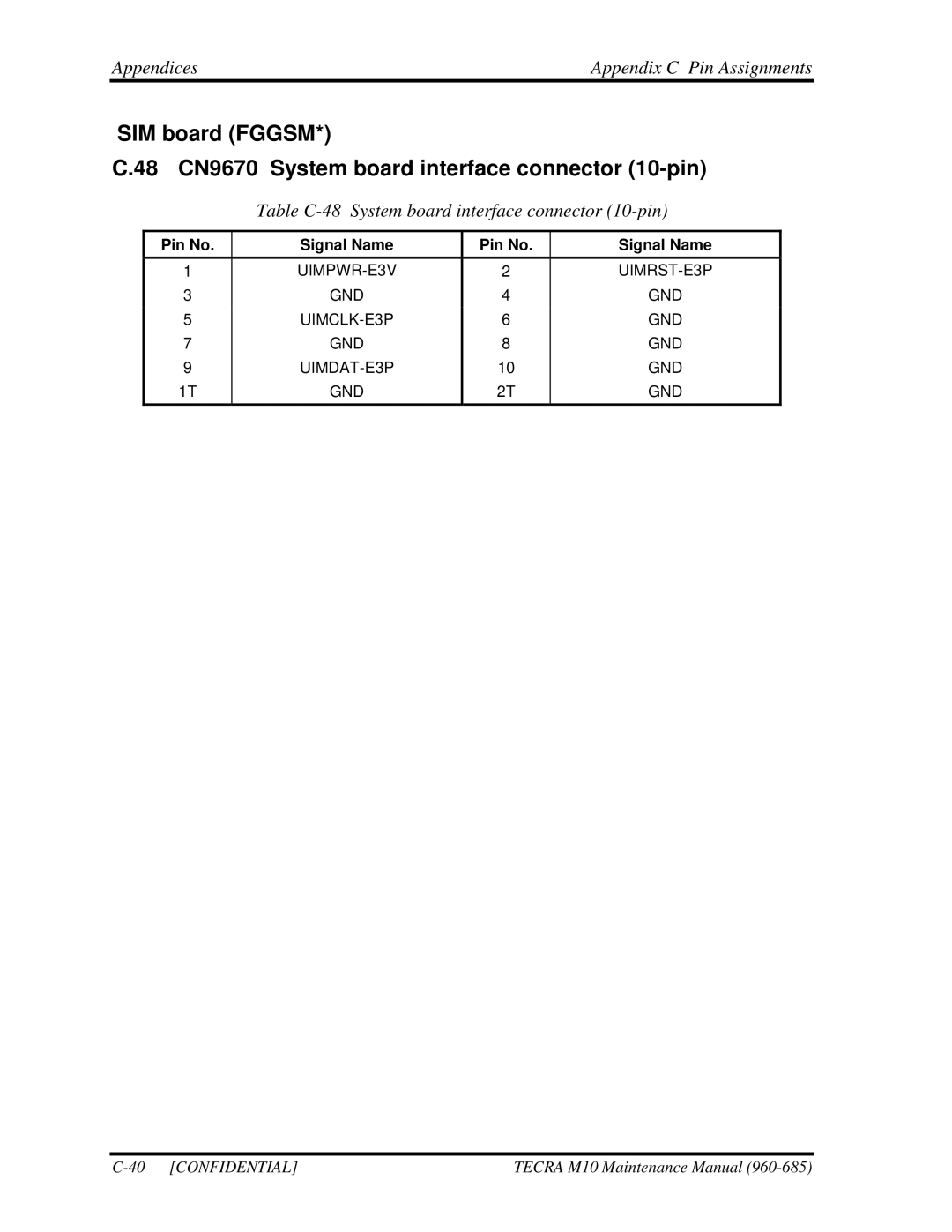 Toshiba TECRA, M10 manual Table C-48 System board interface connector 10-pin 