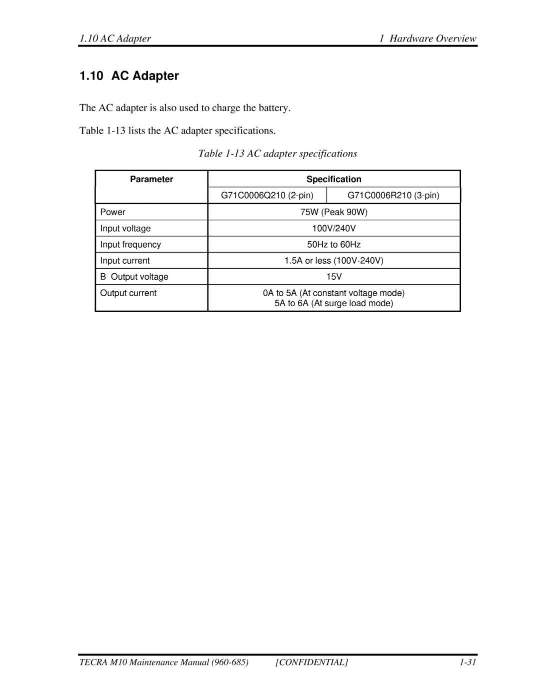 Toshiba M10, TECRA manual AC Adapter Hardware Overview, AC adapter specifications, Parameter Specification 