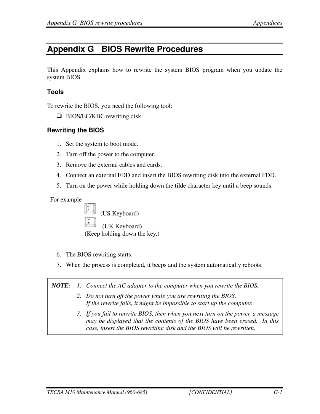 Toshiba M10, TECRA manual Appendix G Bios rewrite procedures Appendices, Tools, Rewriting the Bios 