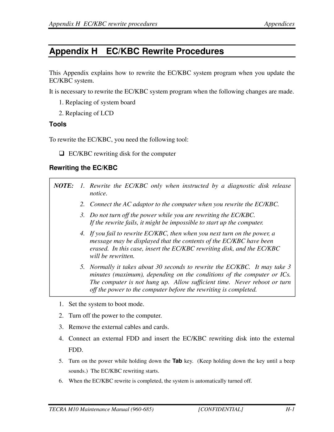 Toshiba M10, TECRA manual Appendix H EC/KBC rewrite procedures Appendices, Rewriting the EC/KBC 