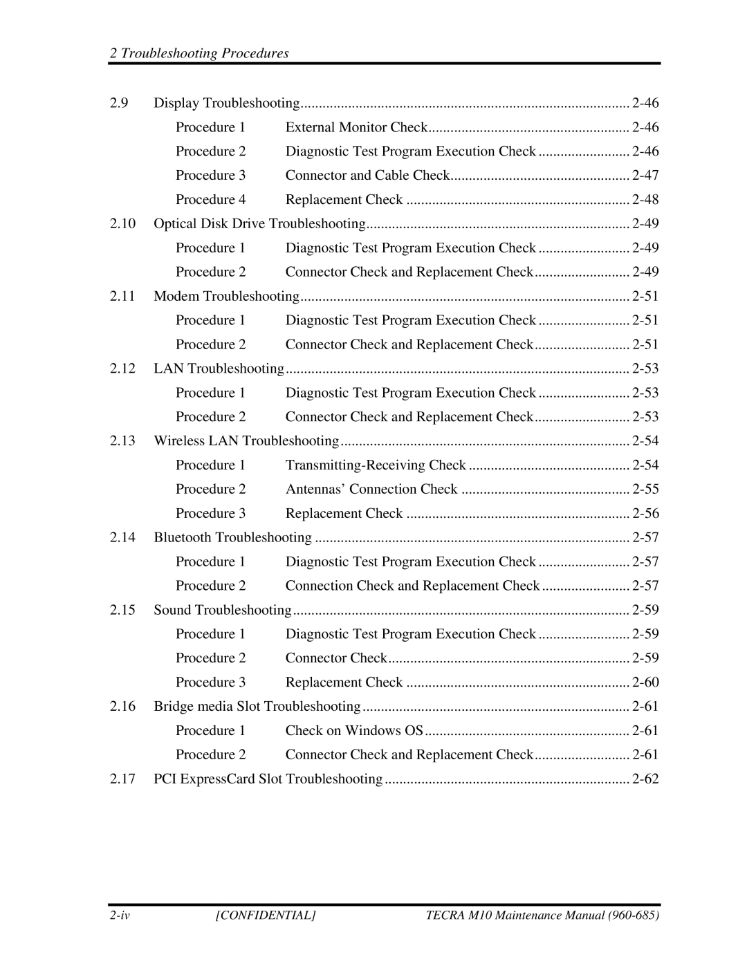 Toshiba TECRA, M10 manual Troubleshooting Procedures 