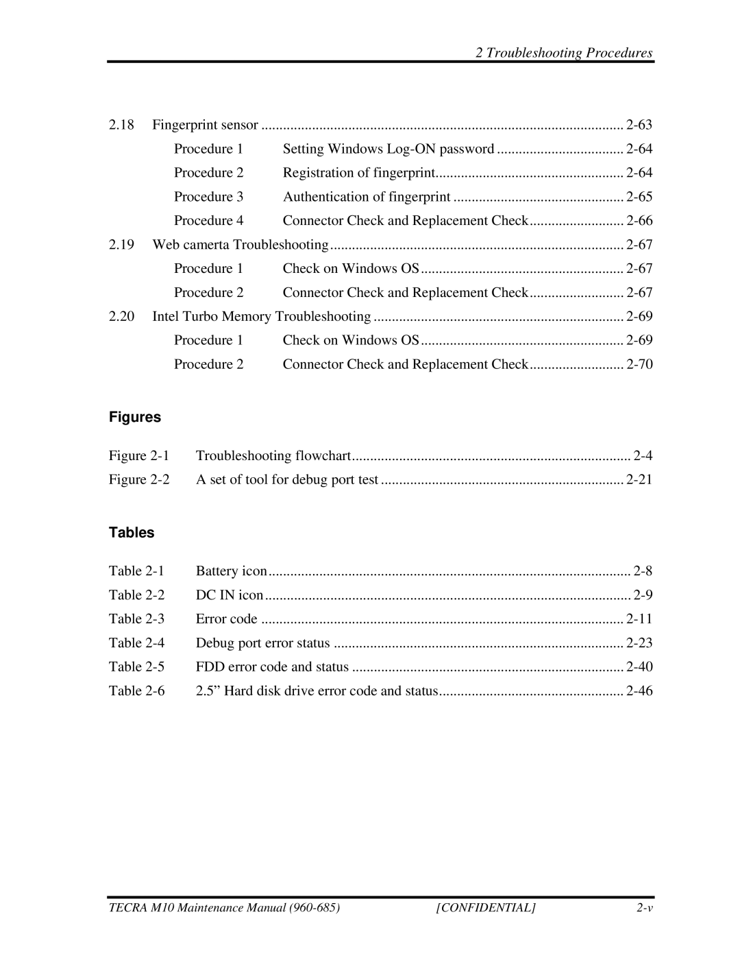 Toshiba M10, TECRA manual Troubleshooting flowchart Set of tool for debug port test 