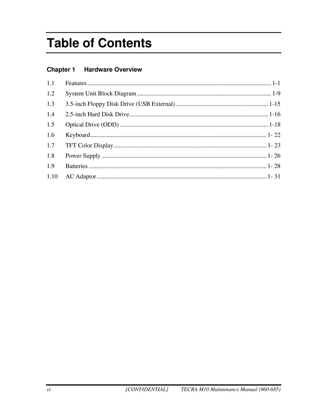 Toshiba TECRA, M10 manual Table of Contents 