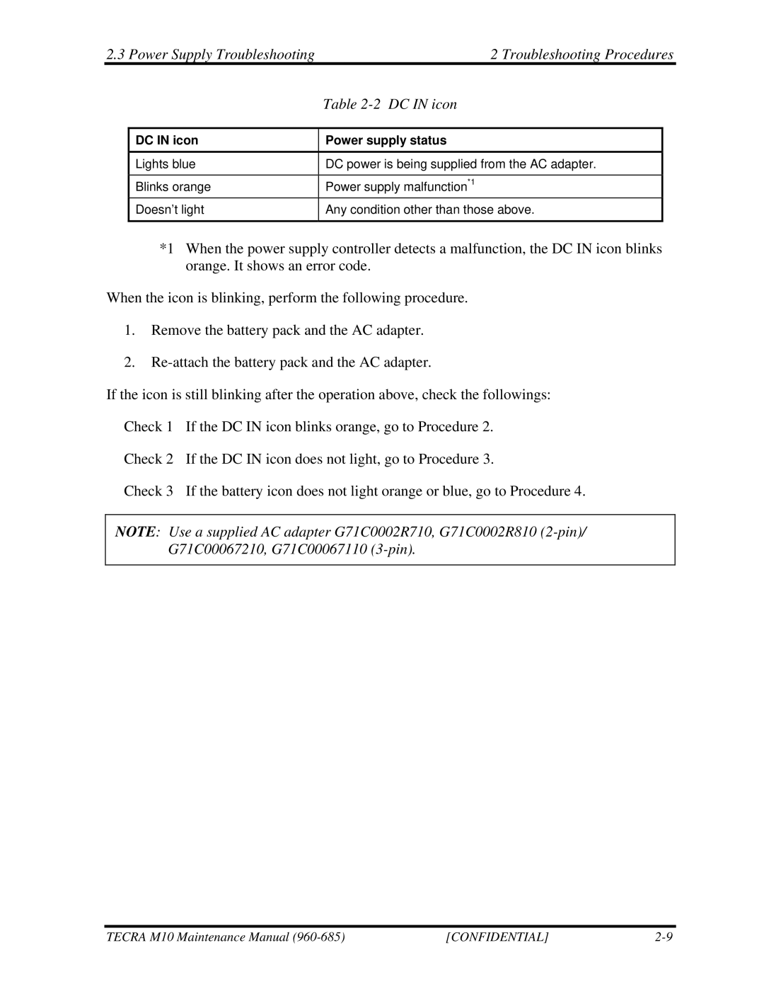 Toshiba M10, TECRA manual DC in icon Power supply status 