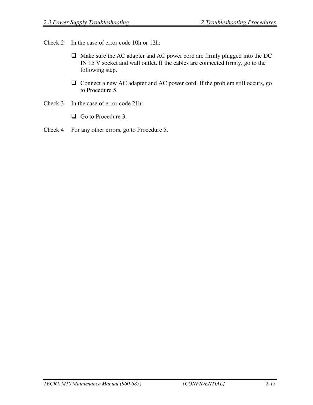 Toshiba M10, TECRA manual Power Supply Troubleshooting Troubleshooting Procedures 