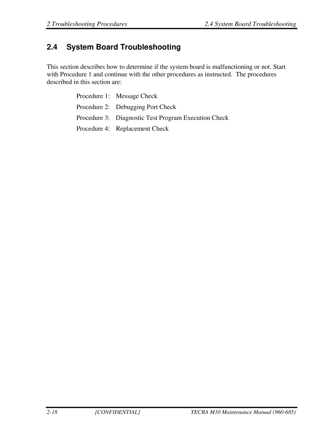 Toshiba TECRA, M10 manual Troubleshooting Procedures System Board Troubleshooting 