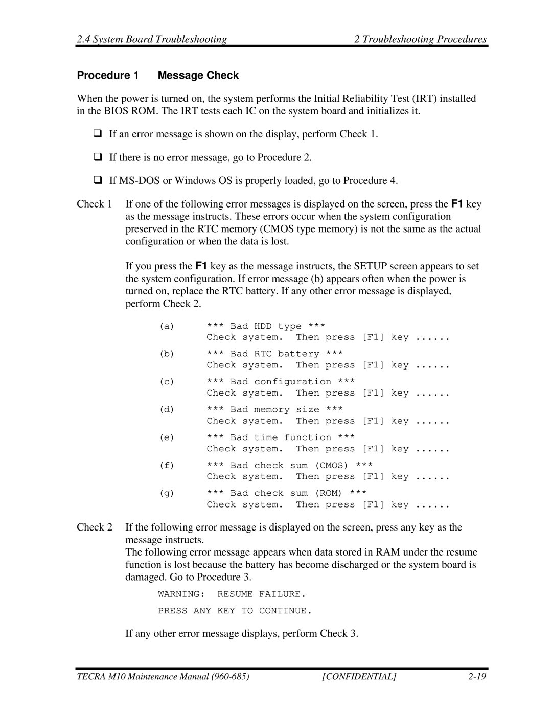 Toshiba M10, TECRA manual System Board Troubleshooting Troubleshooting Procedures, Procedure 1 Message Check 
